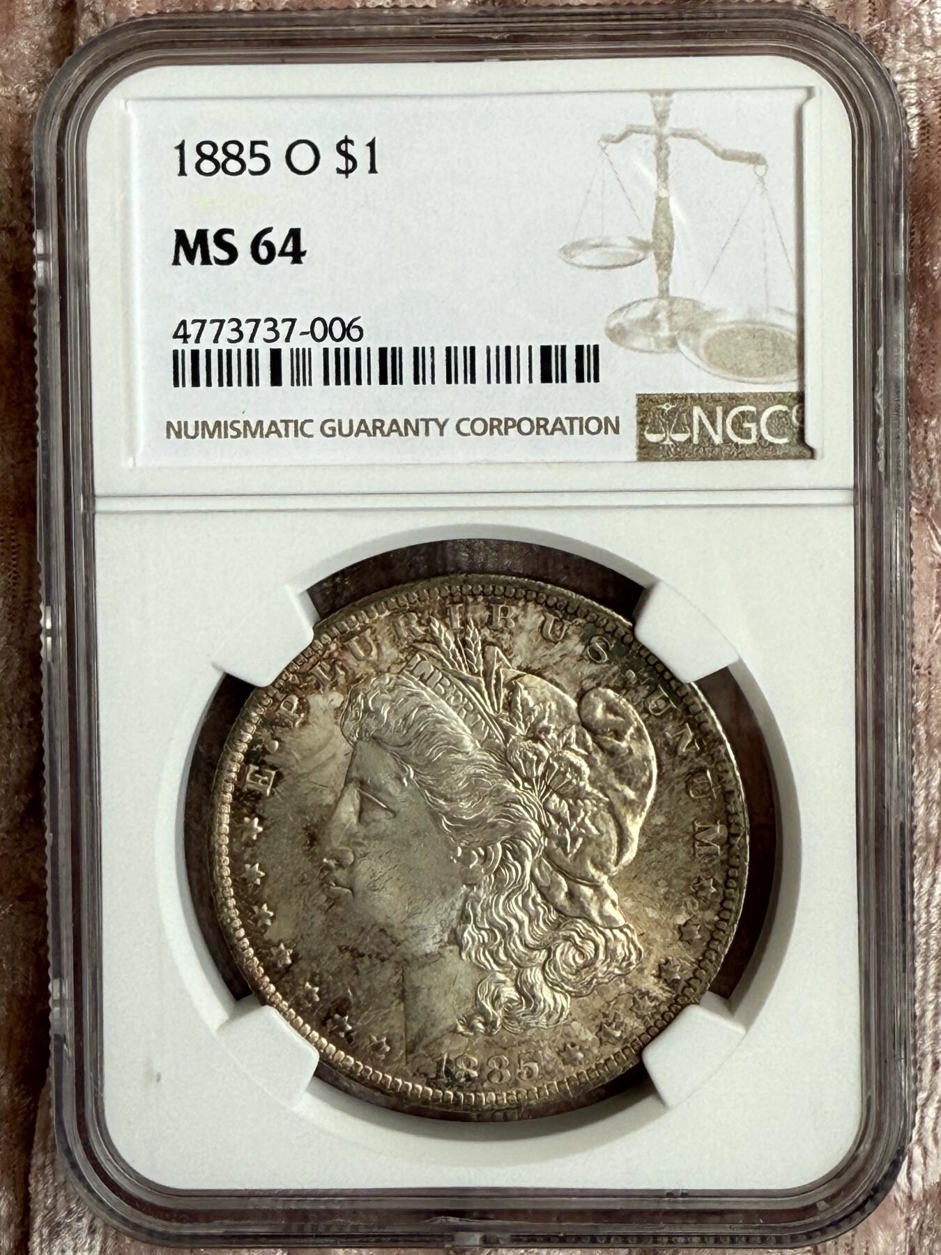 【美，炫彩】1885-S $1 美国摩根银币，NGC MS64分，高点细节俱在，鹰羽完整，炫彩味道一流