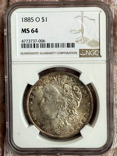 【美，炫彩】1885-S $1 美国摩根银币，NGC MS64分，高点细节俱在，鹰羽完整，炫彩味道一流 - 【美，炫彩】1885-S $1 美国摩根银币，NGC MS64分，高点细节俱在，鹰羽完整，炫彩味道一流