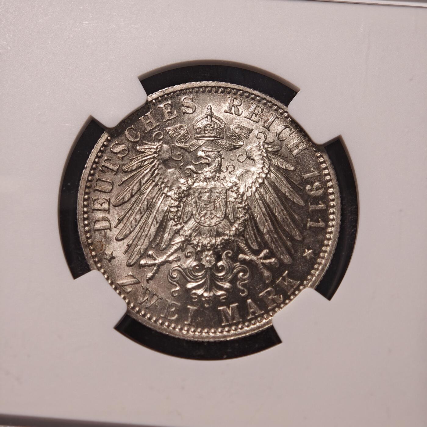 【德藏】世界币章拍卖第147期（拍品征集中~欢迎藏友联系） 1911年 德国巴伐利亚摄政王利奥波德90大寿2马克银币 NGC MS63 转原光极强