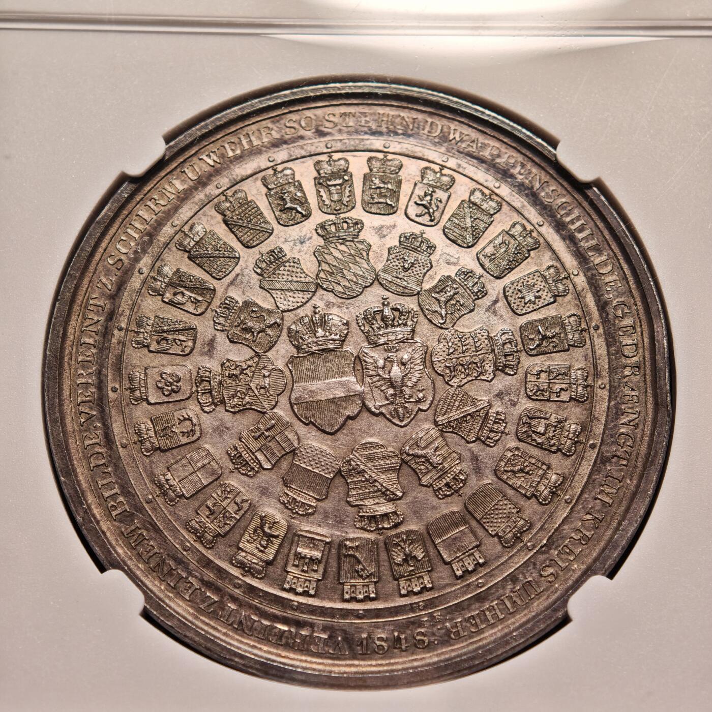 【德藏】世界币章拍卖第147期（拍品征集中~欢迎藏友联系） 1848年 德国联邦女神纪念银章 NGC MS61 彩色包浆 状态极其漂亮
