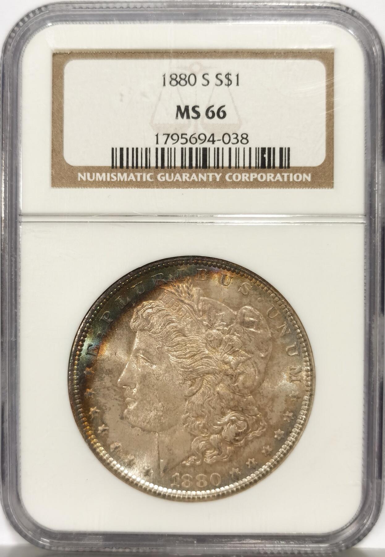 博洋堂世界钱币拍卖第140期（全场包邮） NGC MS66 摩根1880-S 绝美月牙形彩虹包浆