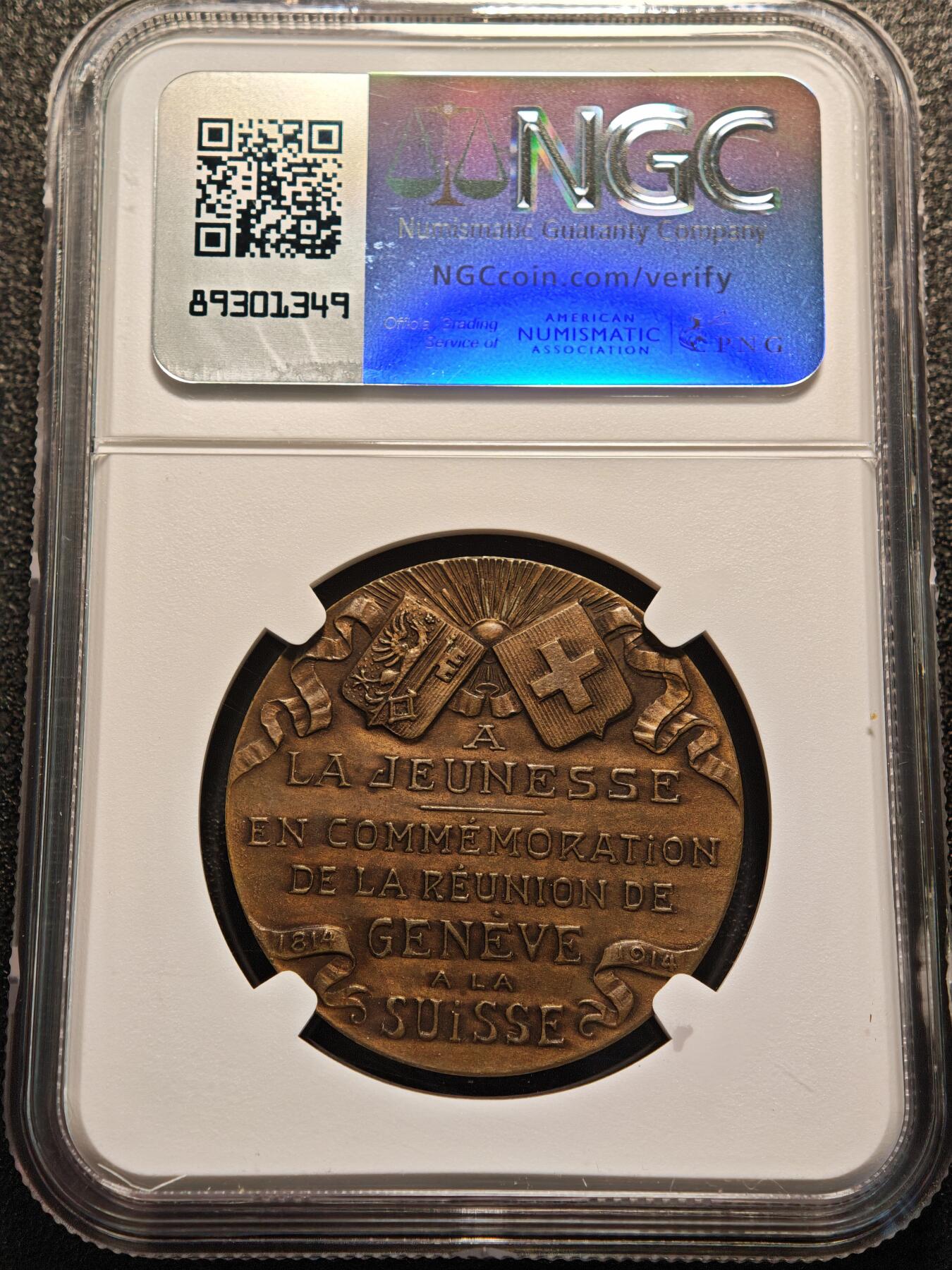 【德藏】世界币章拍卖第147期（拍品征集中~欢迎藏友联系） 1914年 瑞士日内瓦加入瑞士联邦百年纪念铜章 NGC MS62BN 细节极其丰富 状态极佳