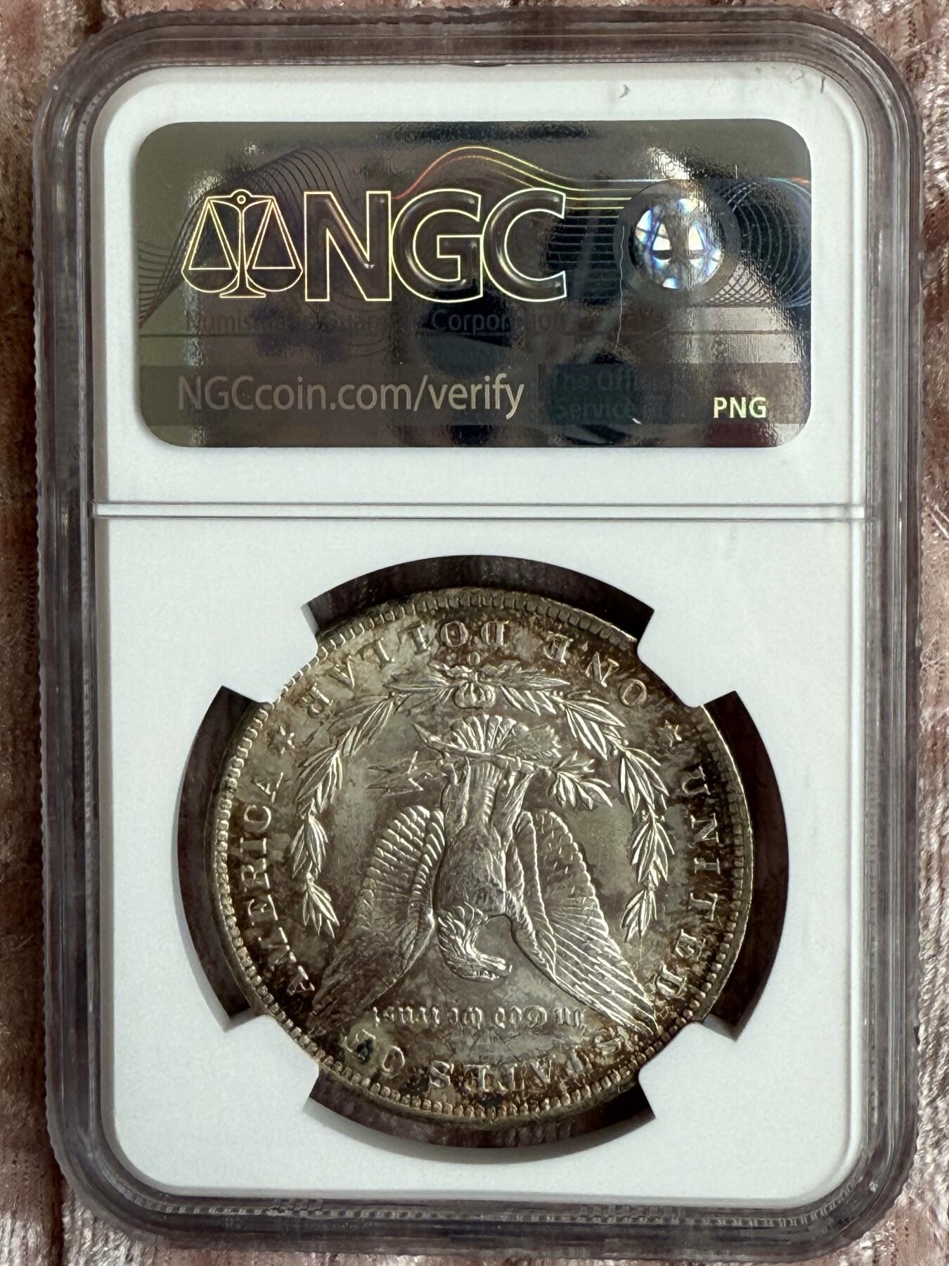 【美，炫彩】1885-S $1 美国摩根银币，NGC MS64分，高点细节俱在，鹰羽完整，炫彩味道一流