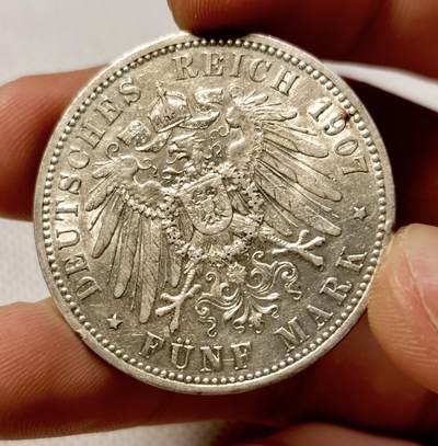 甄臻铺-世界币章拍卖（第34期），送拍享返佣金等优惠多多 1907年德国普鲁士威廉二世5马克银币，浅浅转光