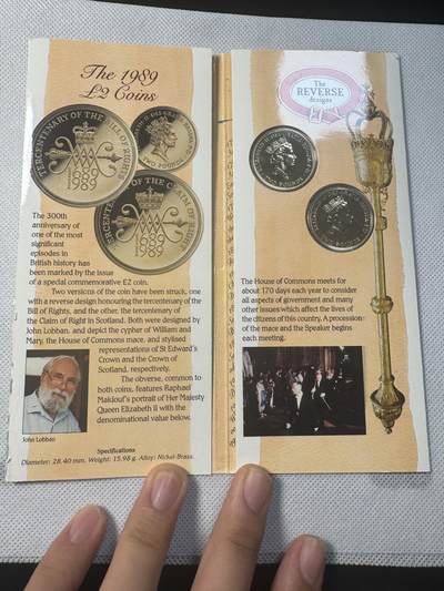 甄臻铺-世界币章拍卖（第34期），送拍享返佣金等优惠多多 英国权利法案2镑伊丽莎白二世 1989年 2英镑铜镍合金纪念套币卡册 权利法案300周年纪念系列 2枚