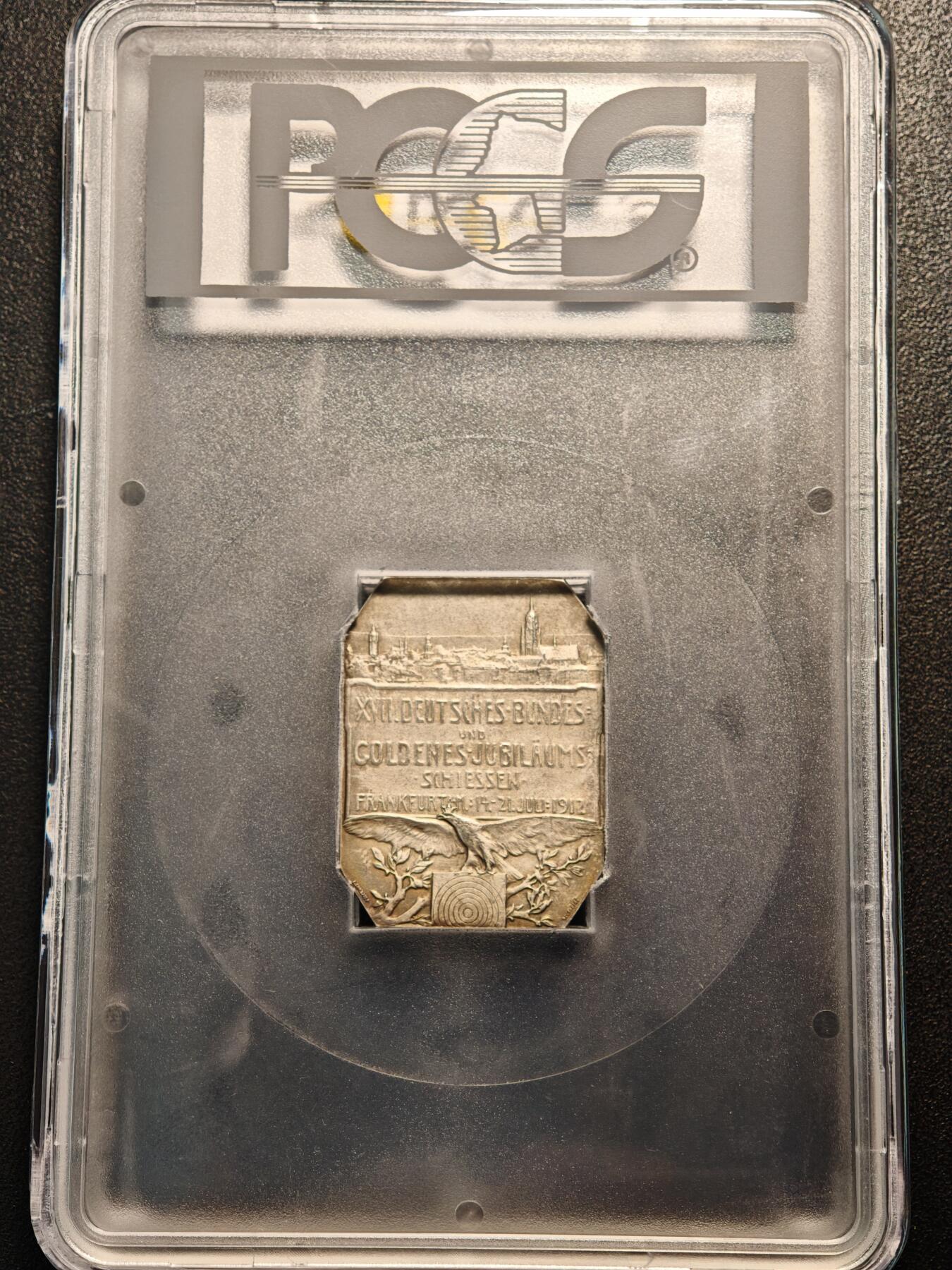 【德藏】世界币章拍卖第147期（拍品征集中~欢迎藏友联系） 1912年 德国法兰克福射击节异型纪念银章 PCGS SP62 磨砂精铸 原味淡包浆