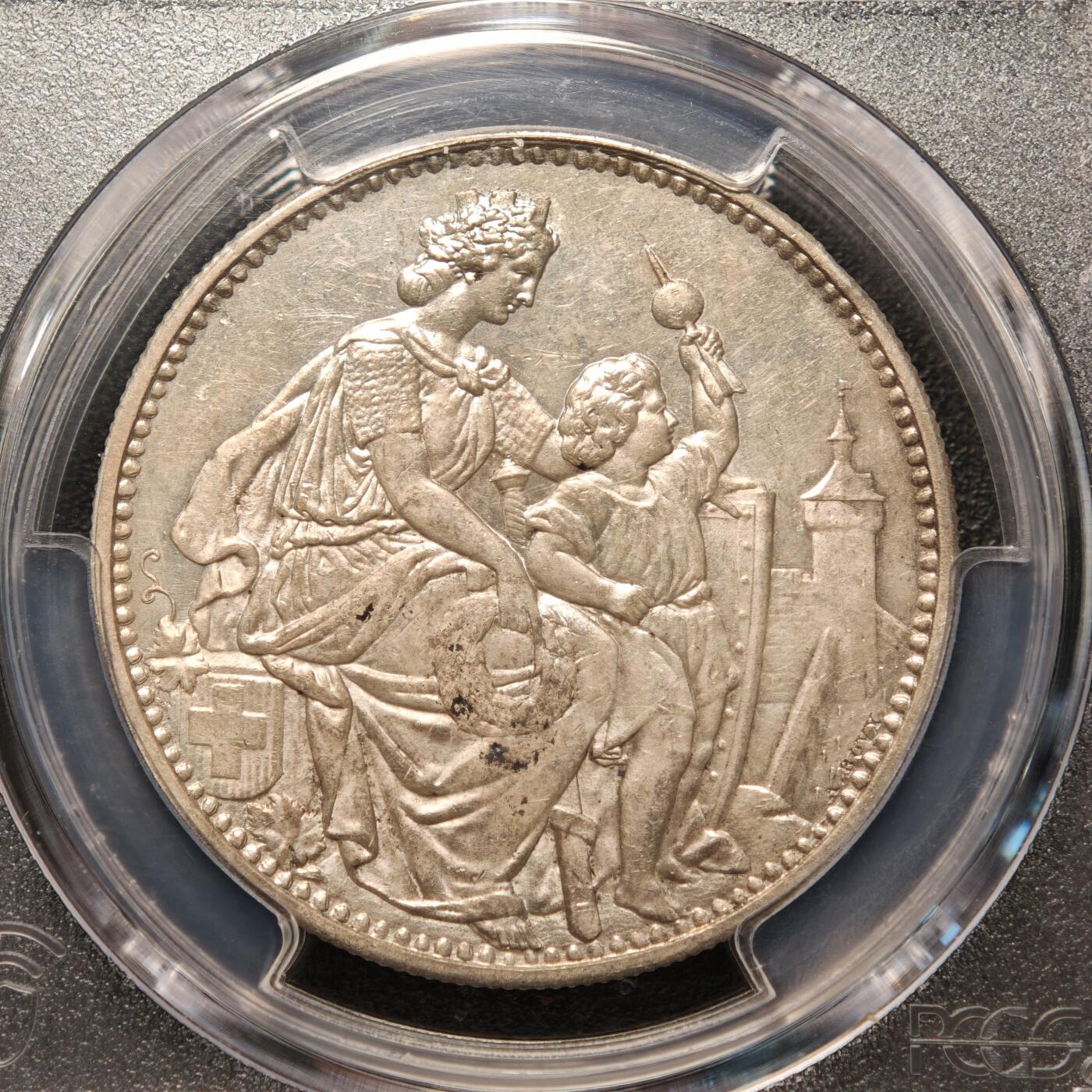 【德藏】世界币章拍卖第147期（拍品征集中~欢迎藏友联系） 1865年瑞士沙夫豪森射击节5法郎银币 PCGS MS63 原光十足