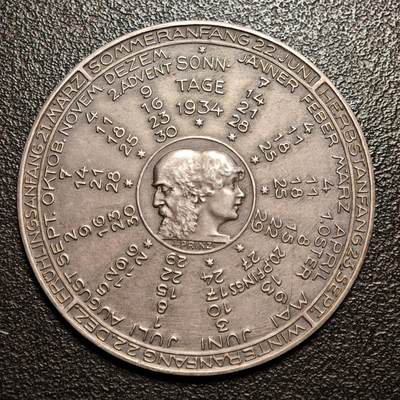 【德藏】世界币章拍卖第147期（拍品征集中~欢迎藏友联系） - 1934年 奥地利男女合一神像十二星座日历纪念银章 设计精美巧妙 直径约：40.2mm；重约：19.5g