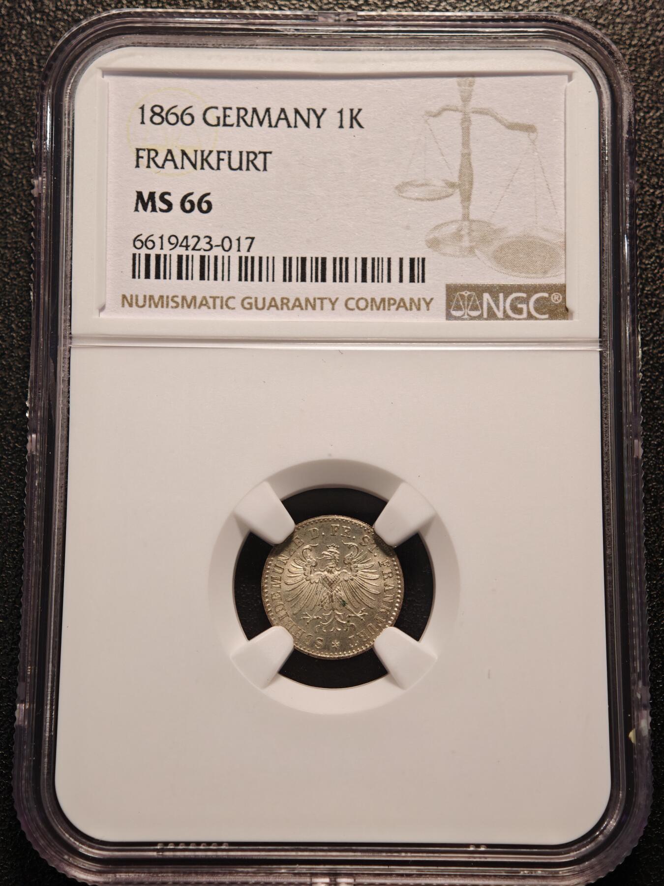【德藏】世界币章拍卖第147期（拍品征集中~欢迎藏友联系） 1866年 德国法兰克福1K银币 NGC MS66 细节完美 原光极强