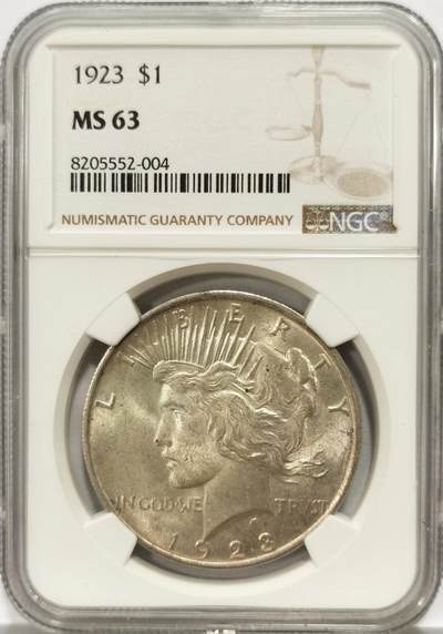 博洋堂世界钱币拍卖第140期（全场包邮） - NGC MS63 美国1923年和平银币，原光品质，鹰羽发丝清晰状态非常不错，性价比拉满
