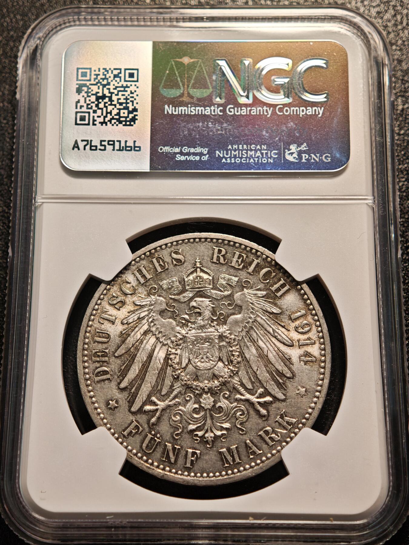 【德藏】世界币章拍卖第147期（拍品征集中~欢迎藏友联系） 1914年 德国萨克森弗里德里希5马克大银币 NGC MS61 淡包浆 原光极强