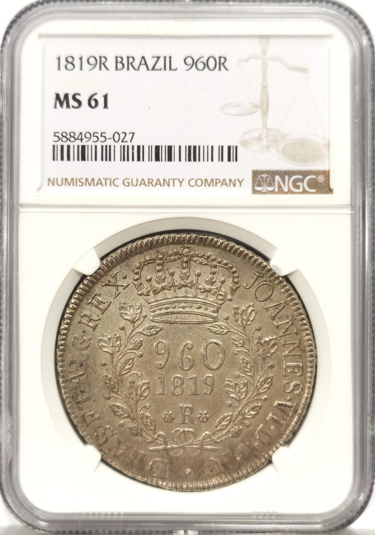博洋堂世界钱币拍卖第140期（全场包邮） NGC MS61 巴西地球1819R，底板可以清晰看清原币是由智利火山银币改铸，一旦NGC标记版别，绝对身价不菲