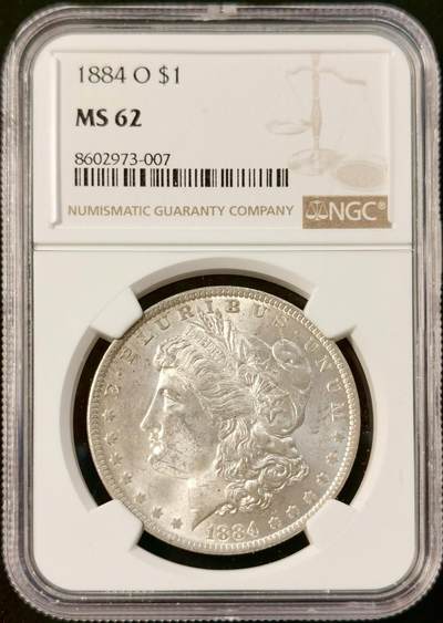 甄臻铺-世界币章拍卖（第34期），送拍享返佣金等优惠多多 - NGC-MS62 美国1884年O版摩根银元 带一点淡淡的包浆 底板不错 个人送评 上海N有点压分了 状态很不错