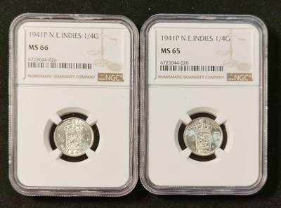 甄臻铺-世界币章拍卖（第34期），送拍享返佣金等优惠多多 - NGC-MS66、65 1941年荷属东印度1/4盾，2枚一组，66分高分难觅
