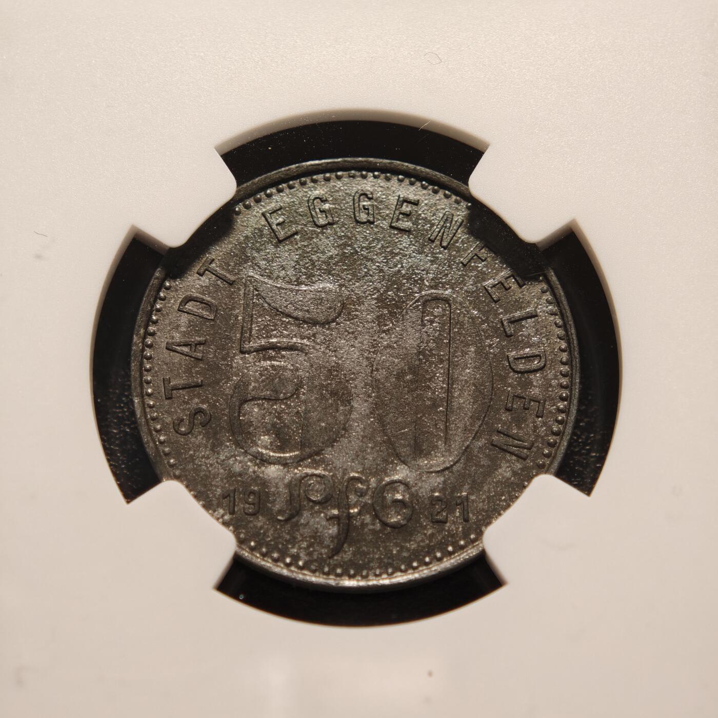 【德藏】世界币章拍卖第147期（拍品征集中~欢迎藏友联系） 1921年 德国紧急时期埃根费尔登手掌50芬尼镍币 NGC MS61 保存不易