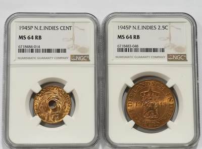 博洋堂世界钱币拍卖第140期（全场包邮） - NGC MS64RB 荷属东印度1945年1分、2.5分铜币2枚一对