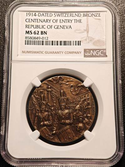 【德藏】世界币章拍卖第147期（拍品征集中~欢迎藏友联系） - 1914年 瑞士日内瓦加入瑞士联邦百年纪念铜章 NGC MS62BN 细节极其丰富 状态极佳