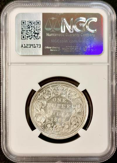 甄臻铺-世界币章拍卖（第34期），送拍享返佣金等优惠多多 NGC-MS63 英属印度1862年维多利亚头像卢比