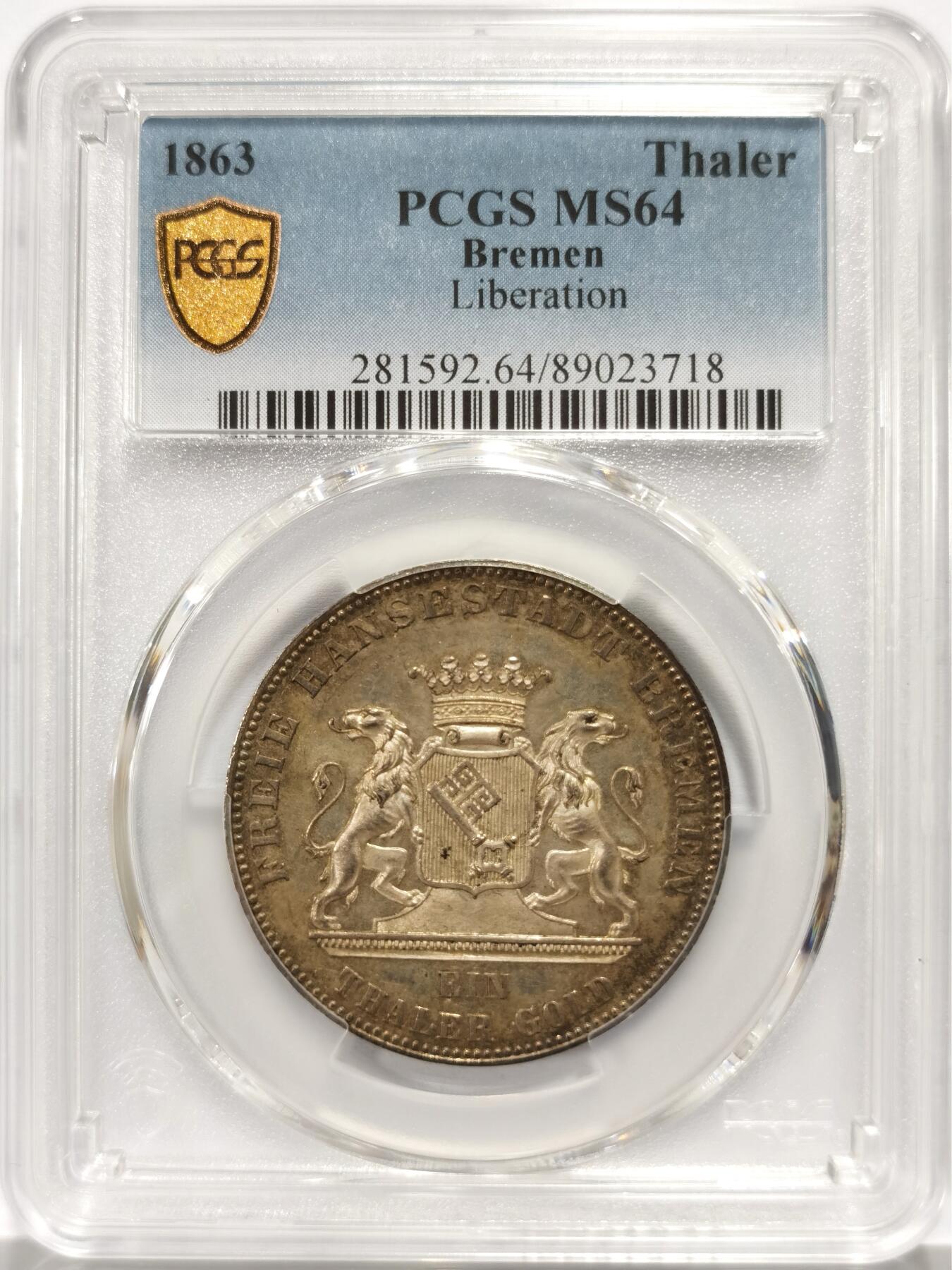 博洋堂世界钱币拍卖第140期（全场包邮） PCGS MS64 德国不莱梅自由市1863年解放50周年纪念泰勒，著名的金泰勒三剑客之一，五彩币，越来越少见的高分。