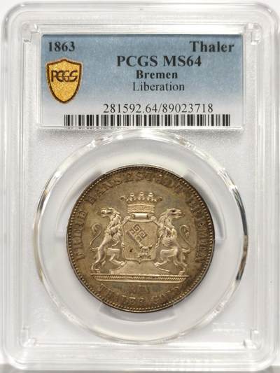 博洋堂世界钱币拍卖第140期（全场包邮） - PCGS MS64 德国不莱梅自由市1863年解放50周年纪念泰勒，著名的金泰勒三剑客之一，五彩币，越来越少见的高分。