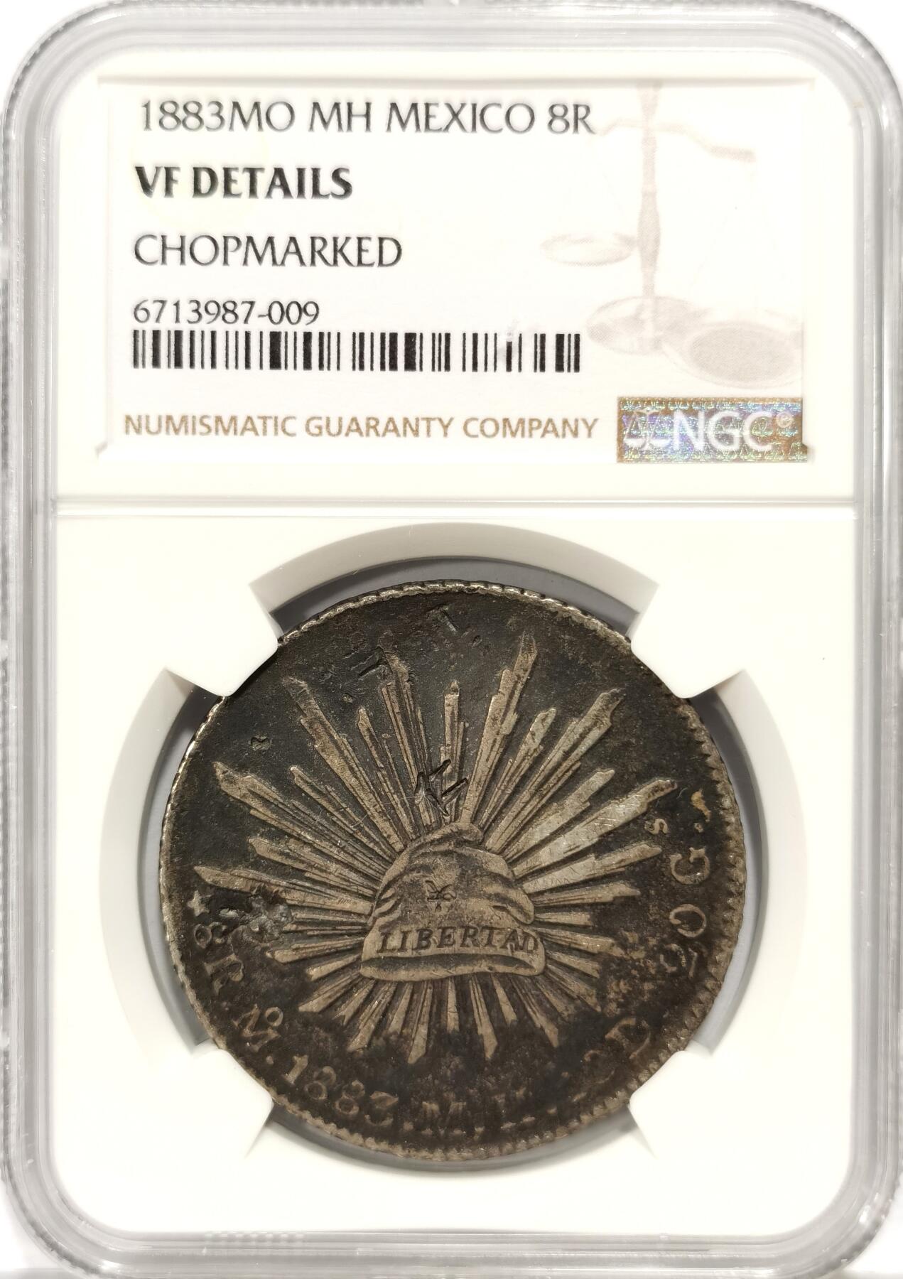 博洋堂世界钱币拍卖第140期（全场包邮） NGC VF 墨西哥1883年MO MH版花边鹰洋，黑漆包浆，少见“原银”戳记