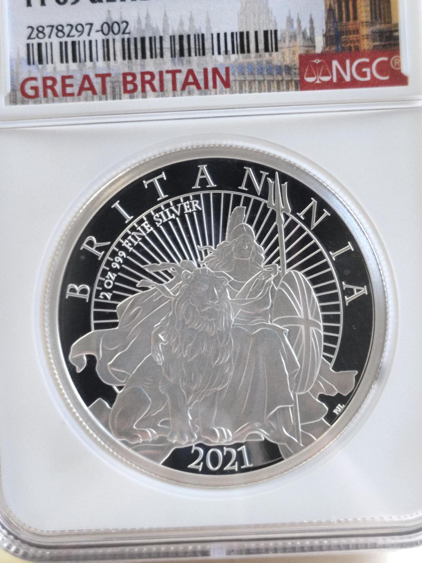 第176期拍卖【长期征集拍品】【欢度国庆中秋双节】 英国2021年不列颠女神狮子2盎司加厚银币NGC-PF69无盒无证书，999银，发行250枚，有氧化点