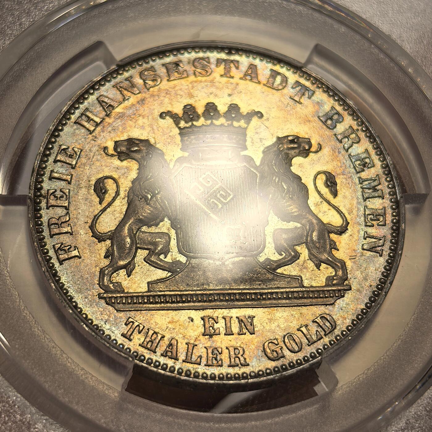 博洋堂世界钱币拍卖第140期（全场包邮） PCGS MS64 德国不莱梅自由市1863年解放50周年纪念泰勒，著名的金泰勒三剑客之一，五彩币，越来越少见的高分。