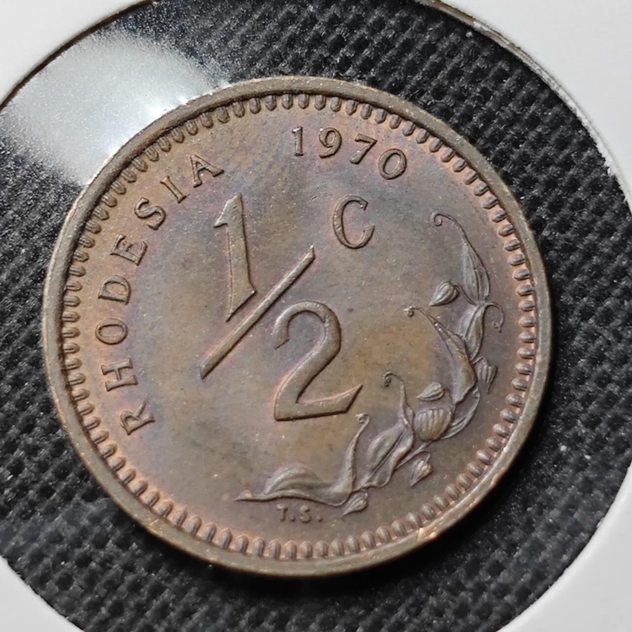 KK钱币收藏小铺 第341场 2月预留时间 周末发货 1970罗德西亚1/2分铜币 深打