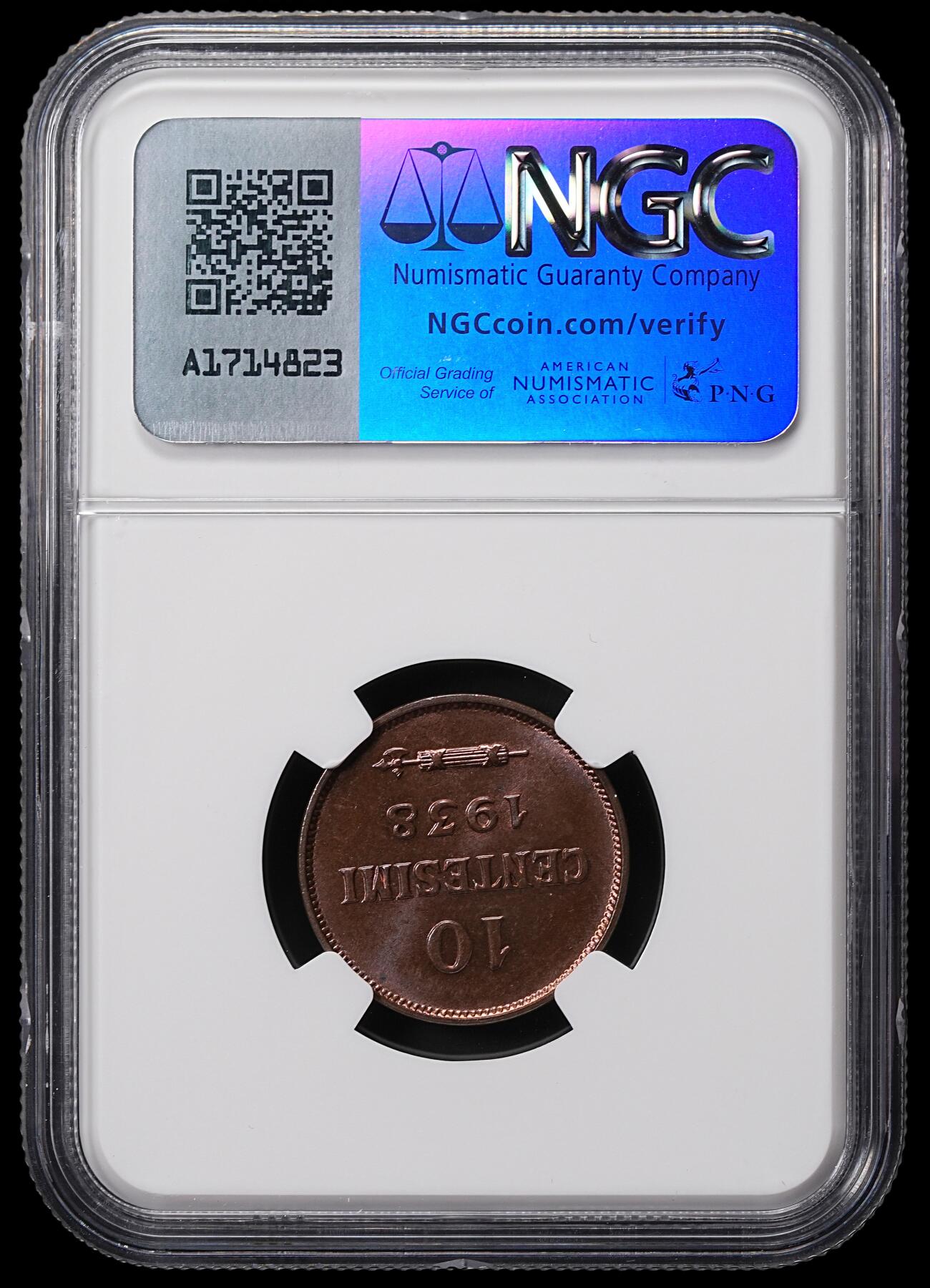 修遠堂世界钱币第八十五期 NGC MS64RB 1938年圣马力诺10分铜币