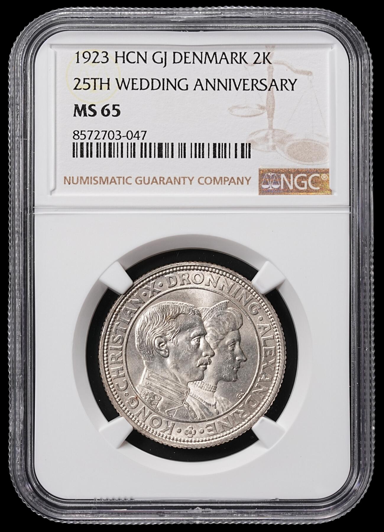 修遠堂世界钱币第八十五期 NGC MS65 1923年丹麦国王银婚纪念2克朗银币