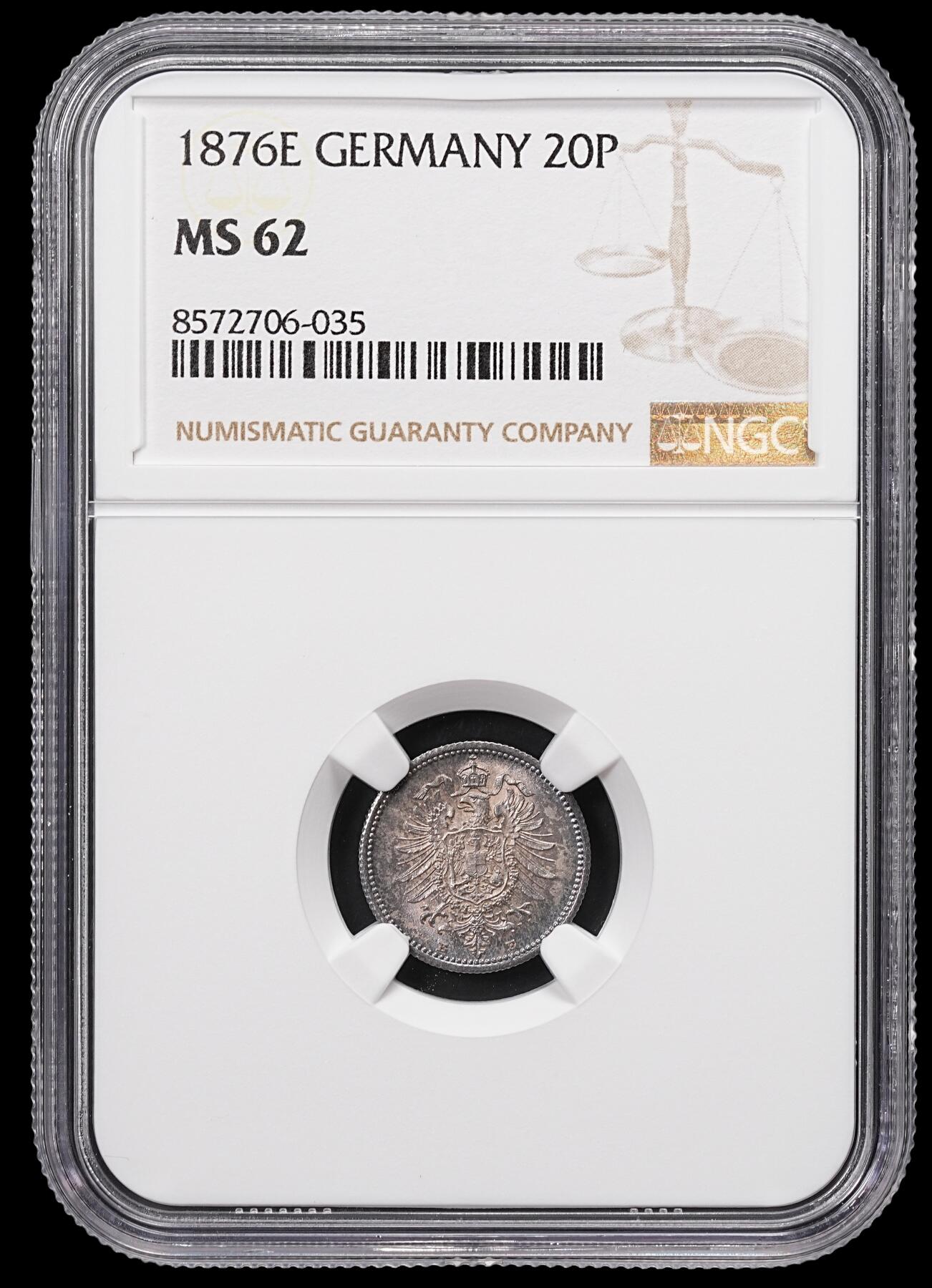修遠堂世界钱币第八十五期 NGC MS62 1876年德国20芬尼银币 E厂铭