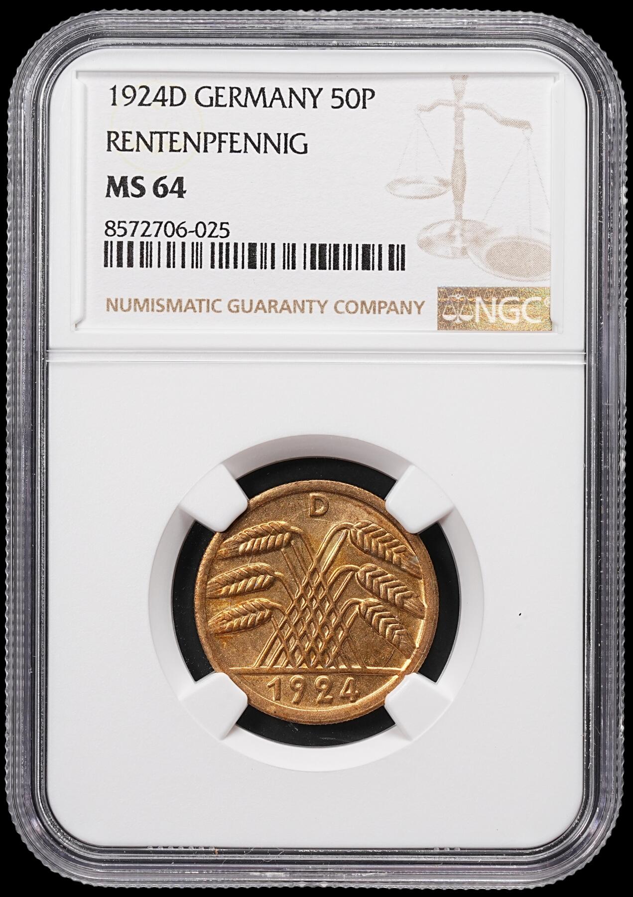 修遠堂世界钱币第八十五期 NGC MS64 1924年德国50芬尼 D厂铭