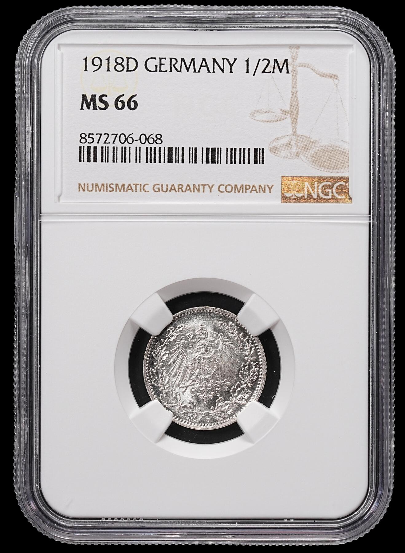 修遠堂世界钱币第八十五期 NGC MS66 1918年德国1/2马克银币 D厂铭