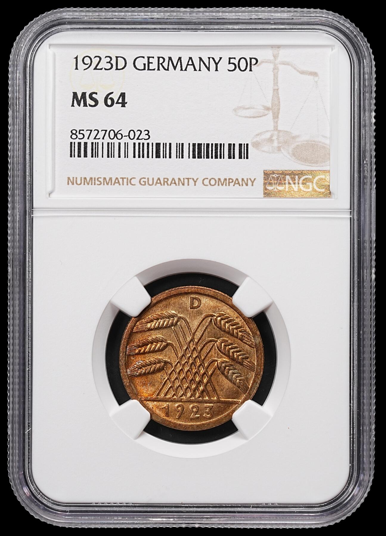 修遠堂世界钱币第八十五期 NGC MS64 1923年德国50芬尼 D厂铭 少见厂铭 仅10余万枚铸造量
