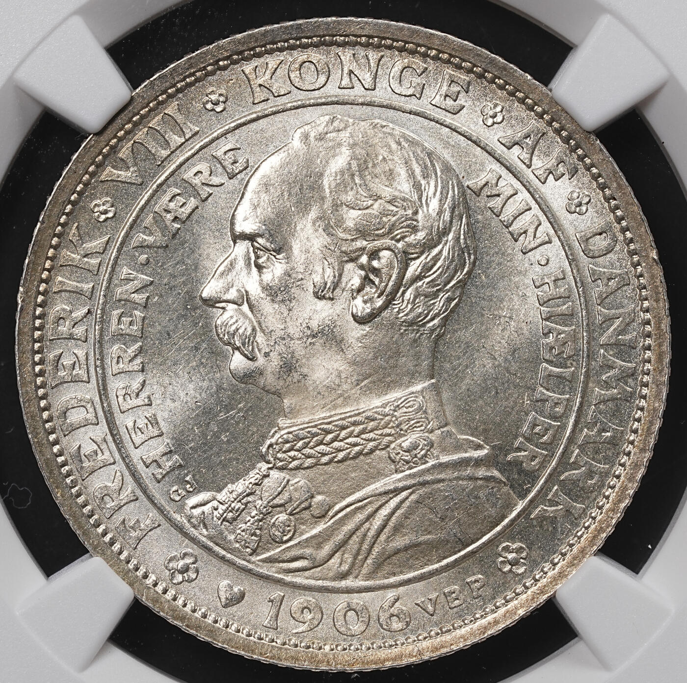 修遠堂世界钱币第八十五期 NGC MS65 1906年丹麦国王更迭纪念2克朗银币
