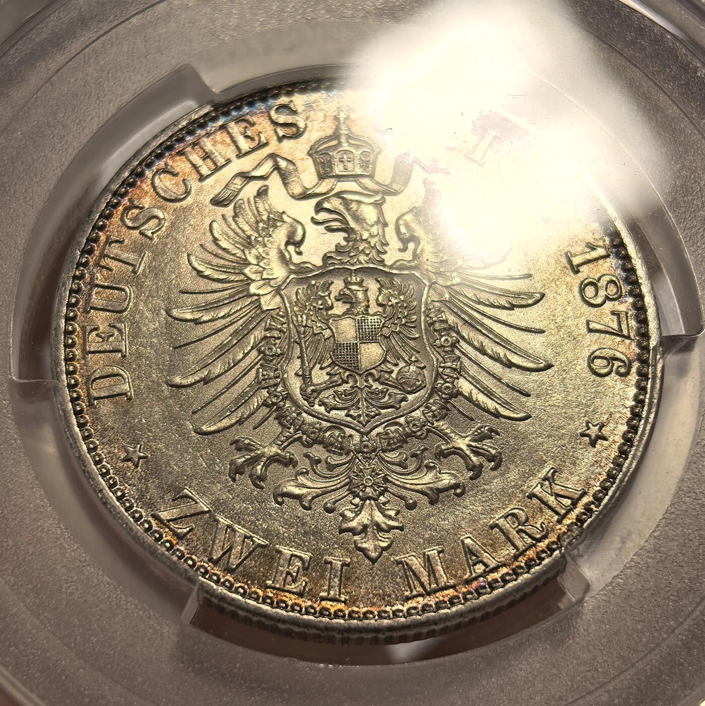 博洋堂世界钱币拍卖第140期（全场包邮） PCGS MS63 德国普鲁士1876年威廉一世短翅鹰流通2马克银币，炫彩！绝对低评的状态！