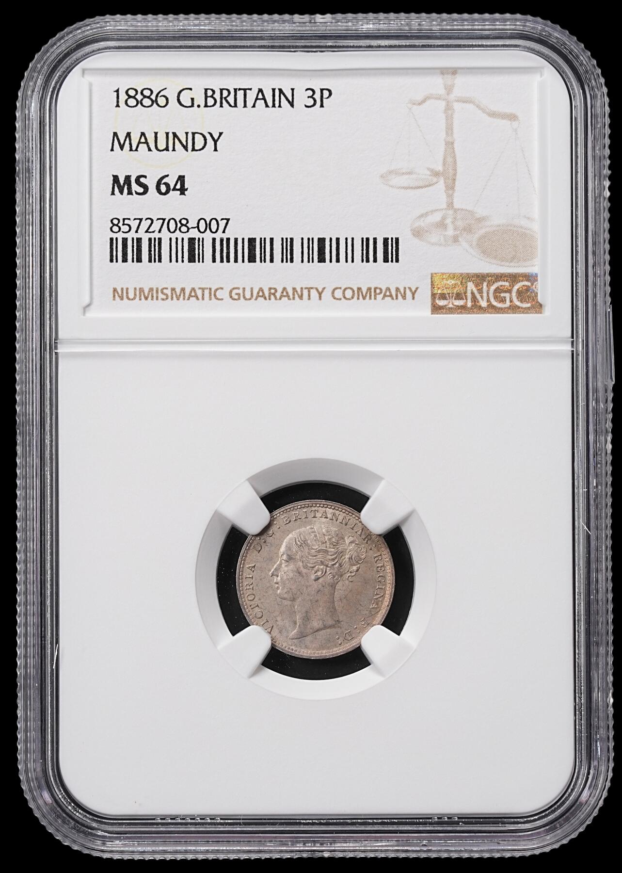 修遠堂世界钱币第八十五期 NGC MS64 1886年英国濯足3便士银币