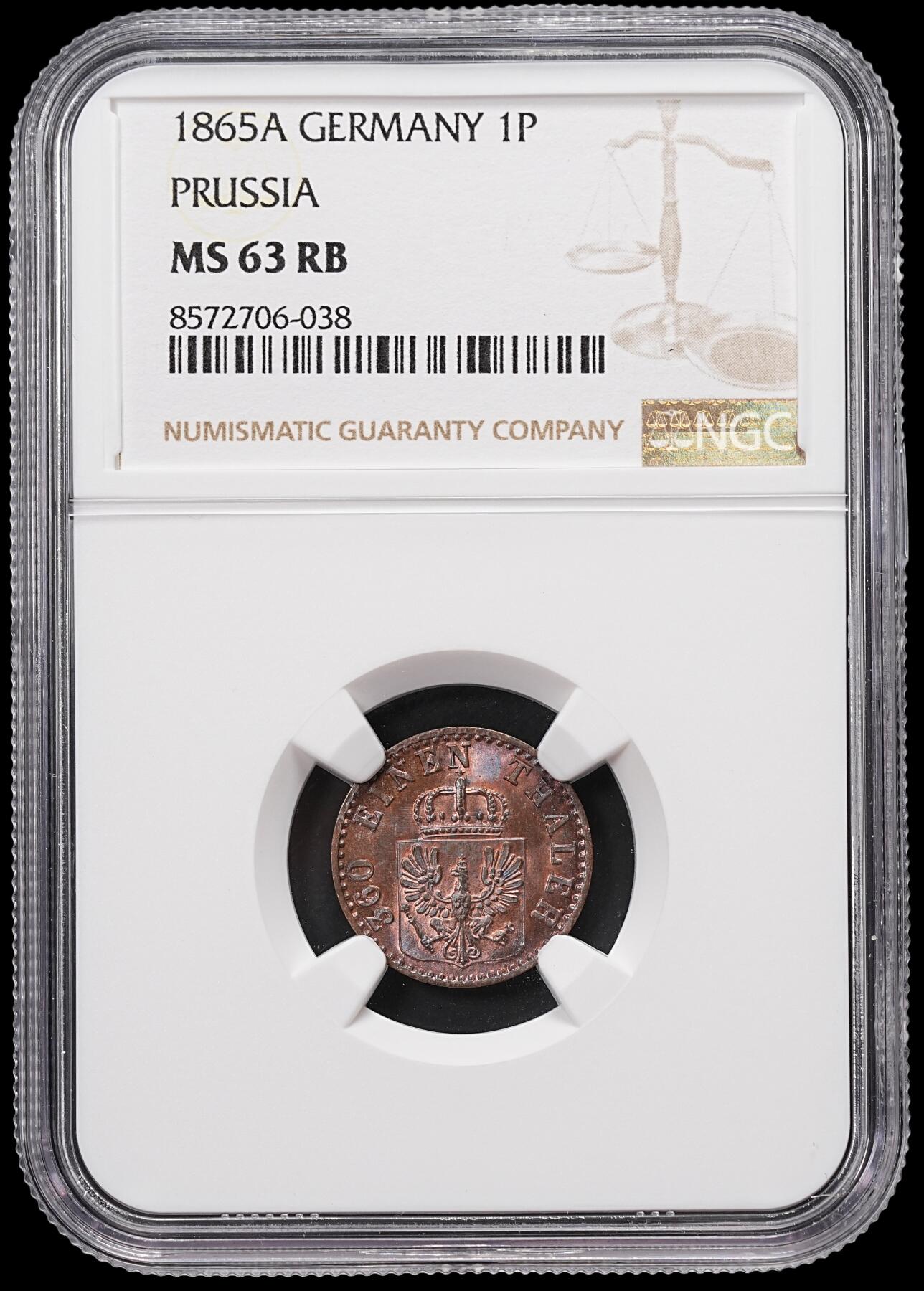 修遠堂世界钱币第八十五期 NGC MS63RB 1865年普鲁士1芬尼铜币