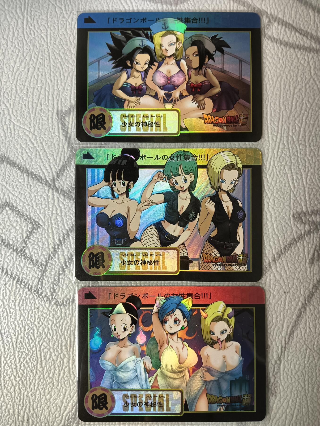 花开卡拍第39期（9月21号周日截拍，品控勿拍!!!拍品不寄存，运费5元，自制卡难免瑕疵，可能存在轻微撞角爆边等出厂瑕疵，品控介意勿拍！） 龙珠卡牌 女主横版3张 角色扮演-女警、水手、商K公主 折光彩闪