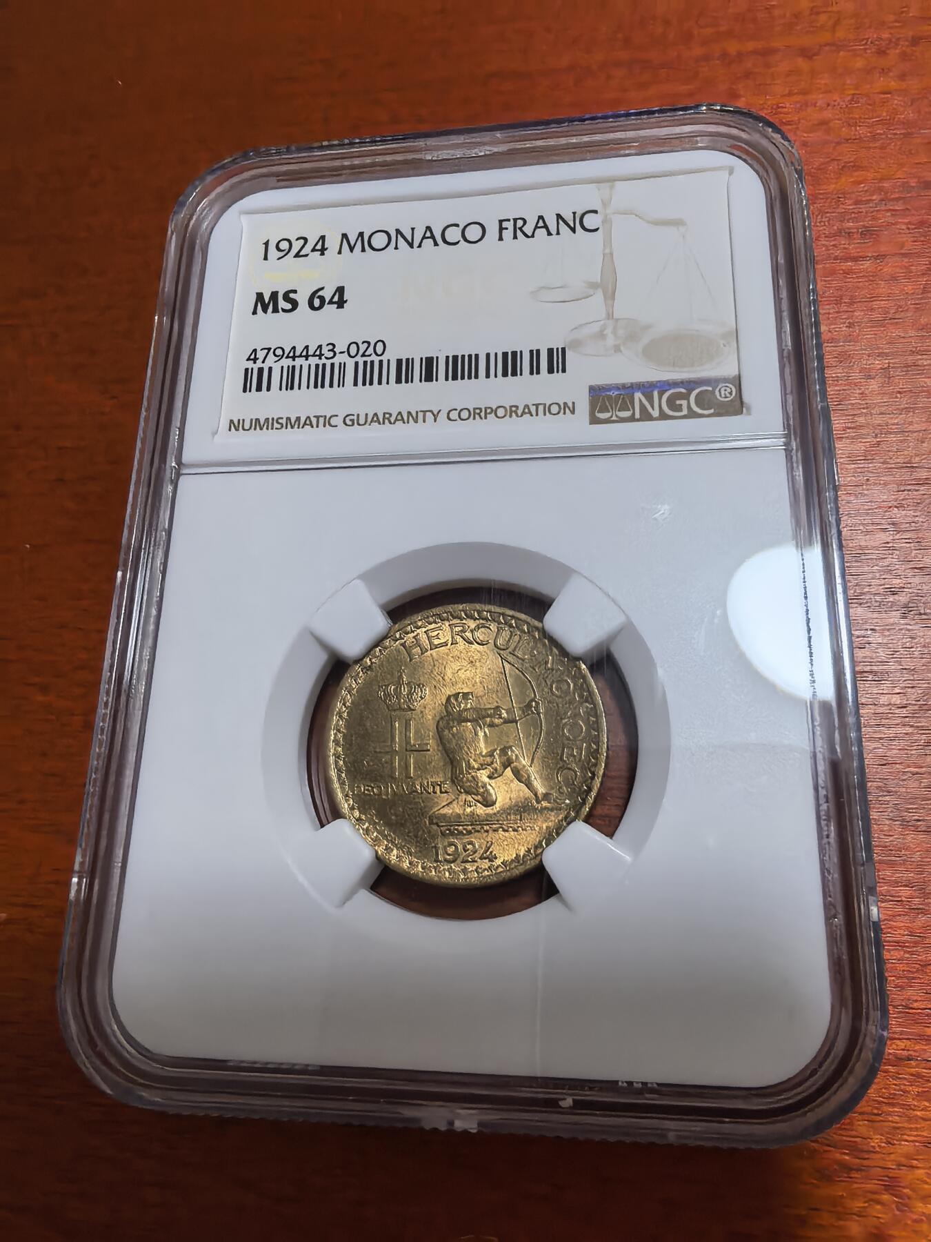 长老汇蛇年精选第四十八场拍卖 1924摩纳哥1法郎铜币，NGC MS64，季军，更高2枚