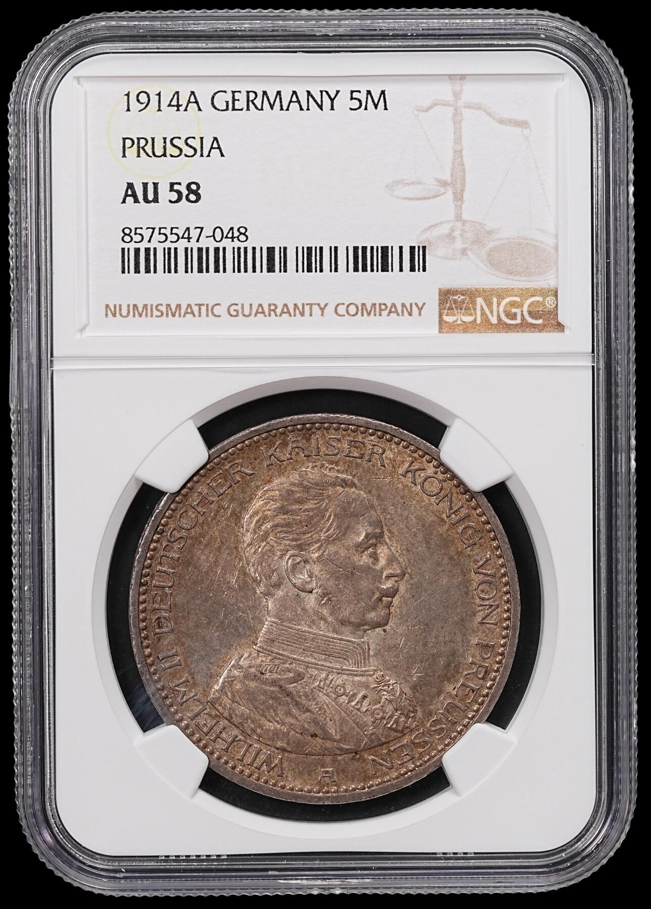修遠堂世界钱币第八十五期 NGC AU58 1914年普鲁士-威廉二世戎装5马克大银币