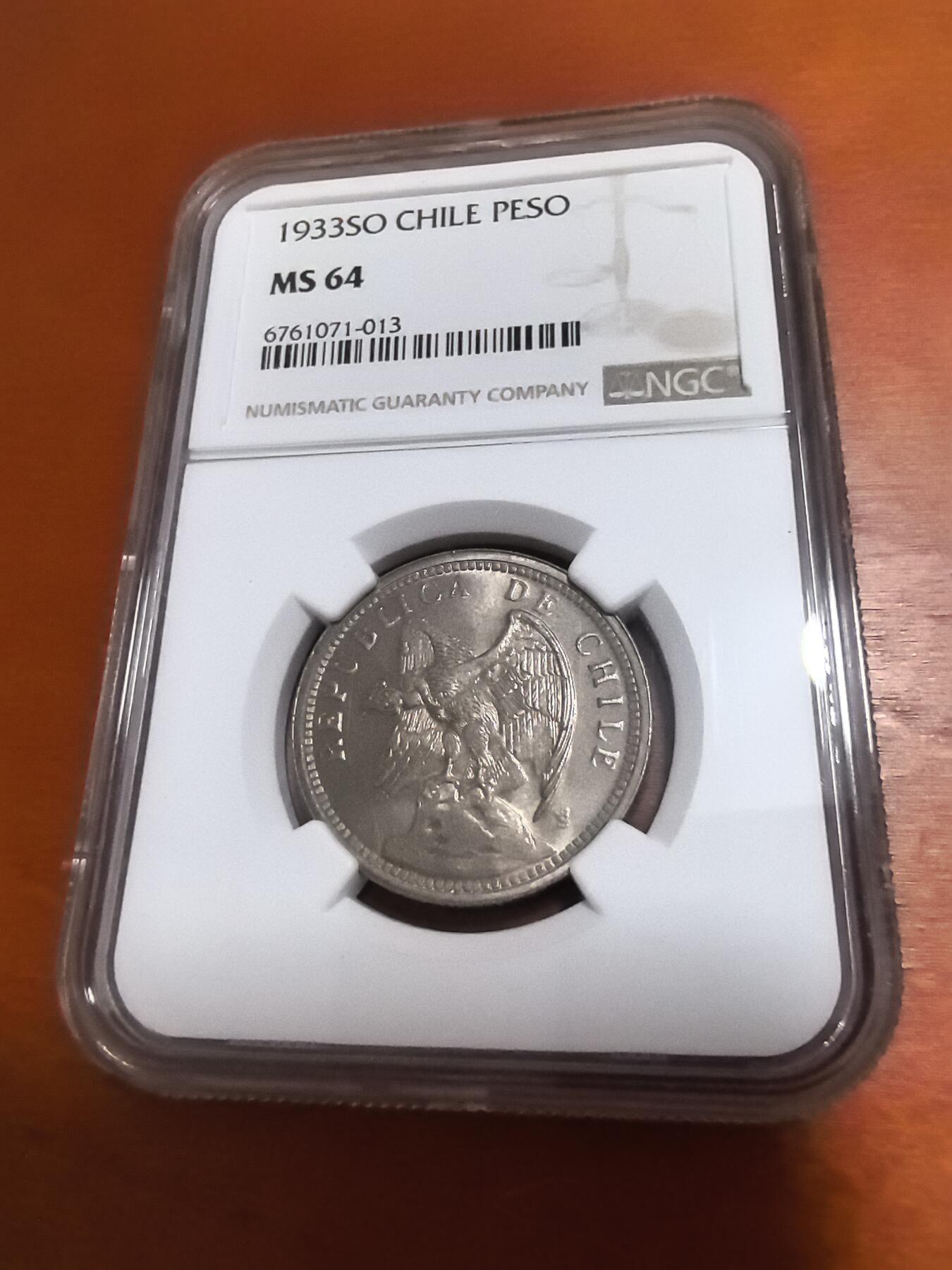 长老汇蛇年精选第四十八场拍卖 1933SO 智利展翅雄鹰1比索镍币，NGC MS64分，法国雕刻大师罗缇作品