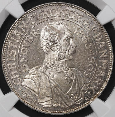 修遠堂世界钱币第八十五期 - NGC MS65 1903年丹麦国王登基40周年纪念2克朗银币 淡彩