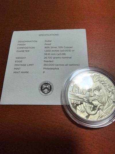 长老汇蛇年精选第四十八场拍卖 2016P美国马克吐温1美元精制银币，盒证全，35万枚