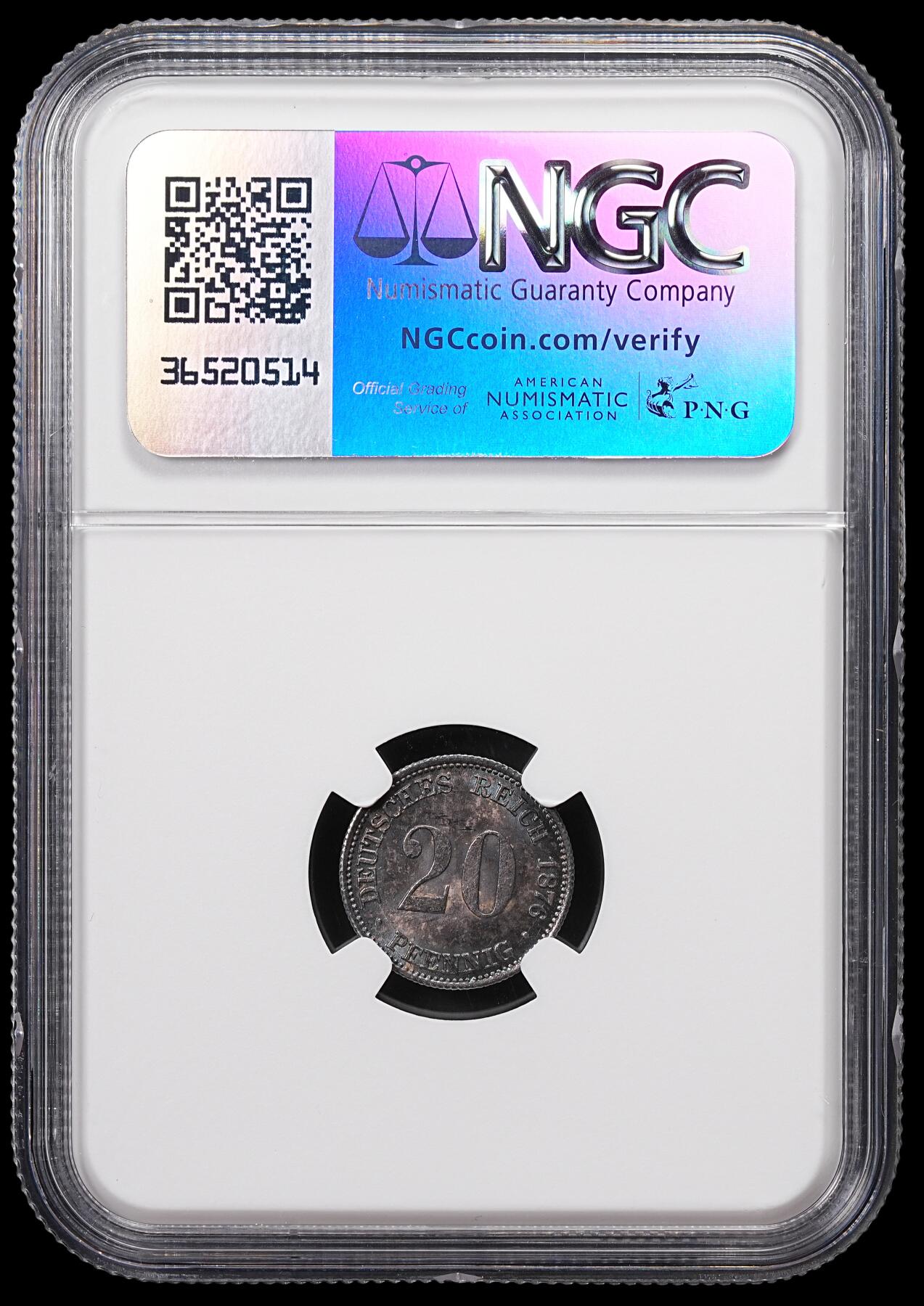 修遠堂世界钱币第八十五期 NGC MS62 1876年德国20芬尼银币 E厂铭