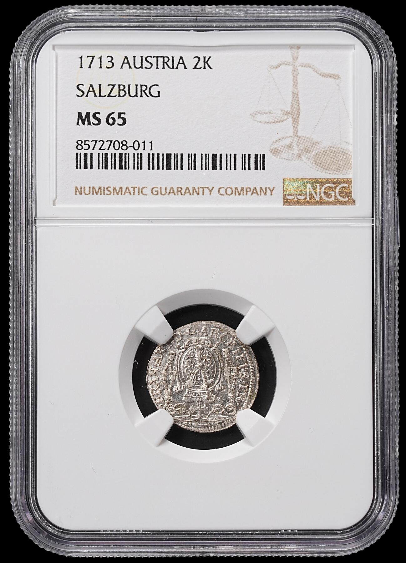 修遠堂世界钱币第八十五期 NGC  MS 65 1713年萨尔茨堡主教区2克鲁泽银币 收藏级状态