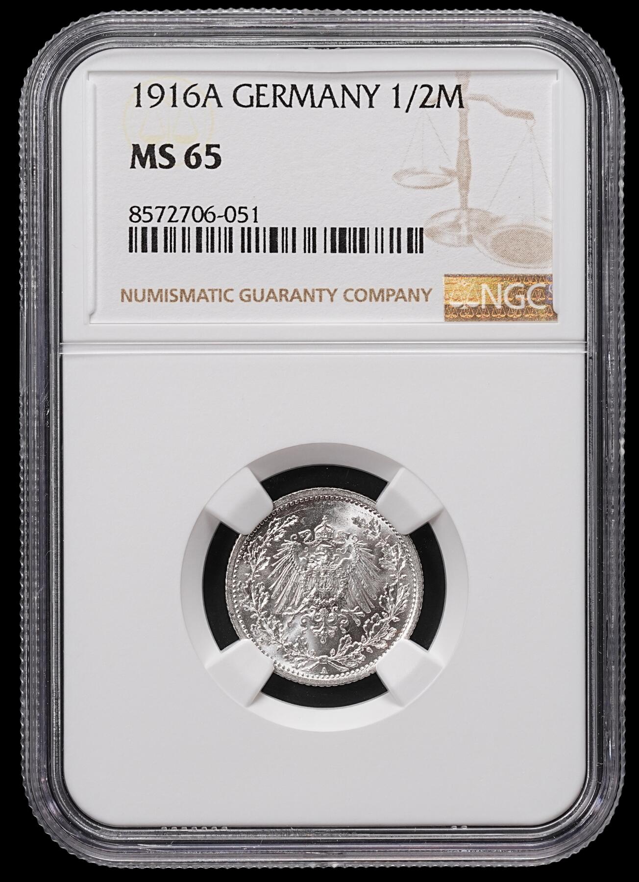 修遠堂世界钱币第八十五期 NGC MS65 1916年德国1/2马克银币 A厂铭