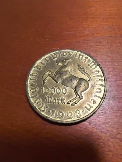 长老汇蛇年精选第四十八场拍卖 1923德紧威斯特伐利亚斯坦伯爵马币1万马克镀金币，31.69克44MM