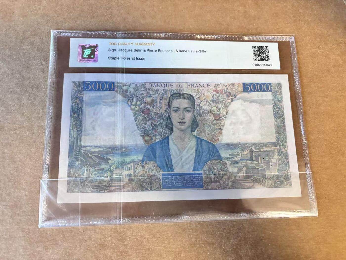 【Blue Auction】世界纸币精拍第728期——18级TOP拍卖/信誉/品质/专业/高效💫 【066倒置号】法国 1945年5000法郎 大团结 超大票幅 TQG55