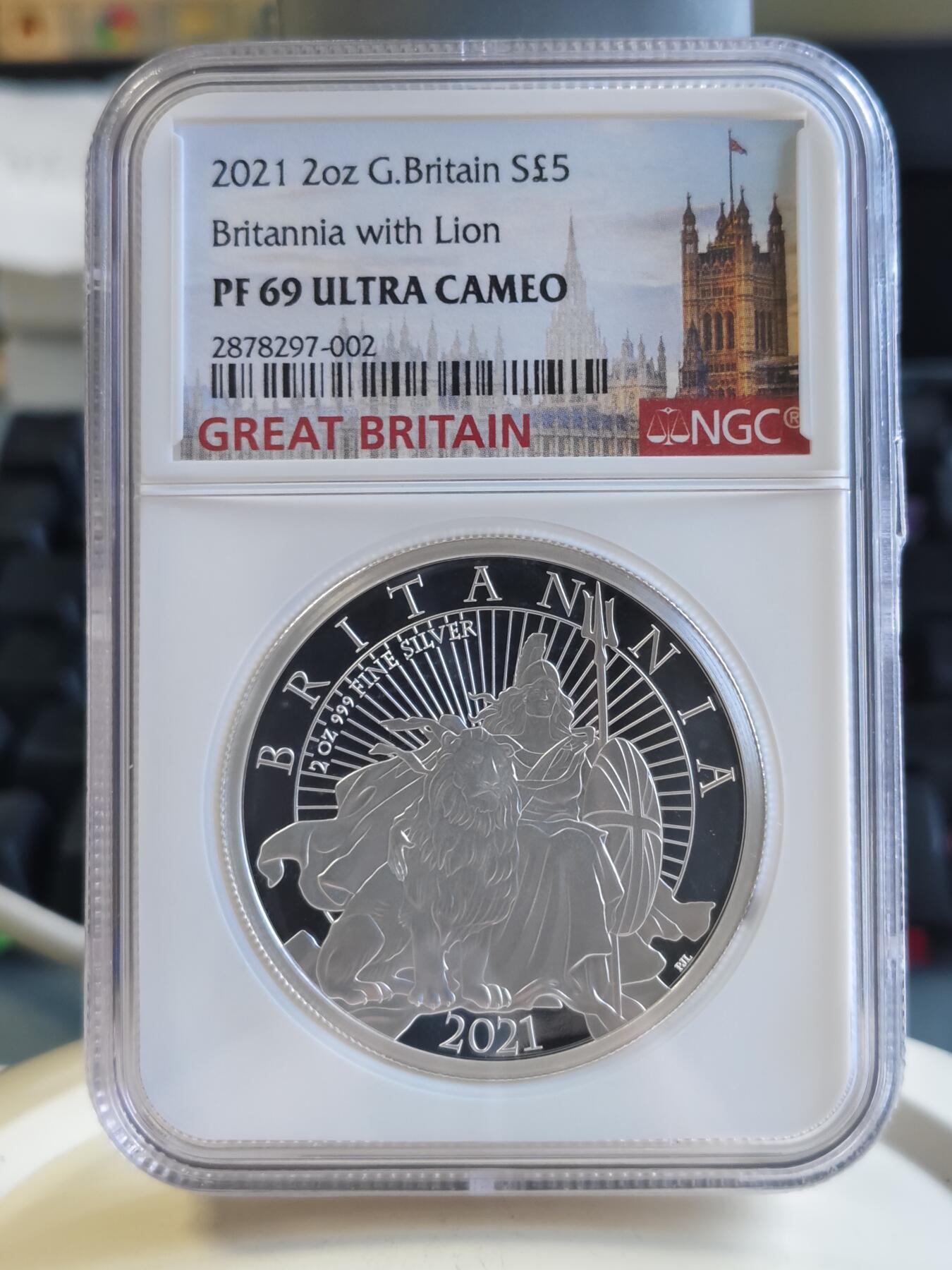 第176期拍卖【长期征集拍品】【欢度国庆中秋双节】 英国2021年不列颠女神狮子2盎司加厚银币NGC-PF69无盒无证书，999银，发行250枚，有氧化点